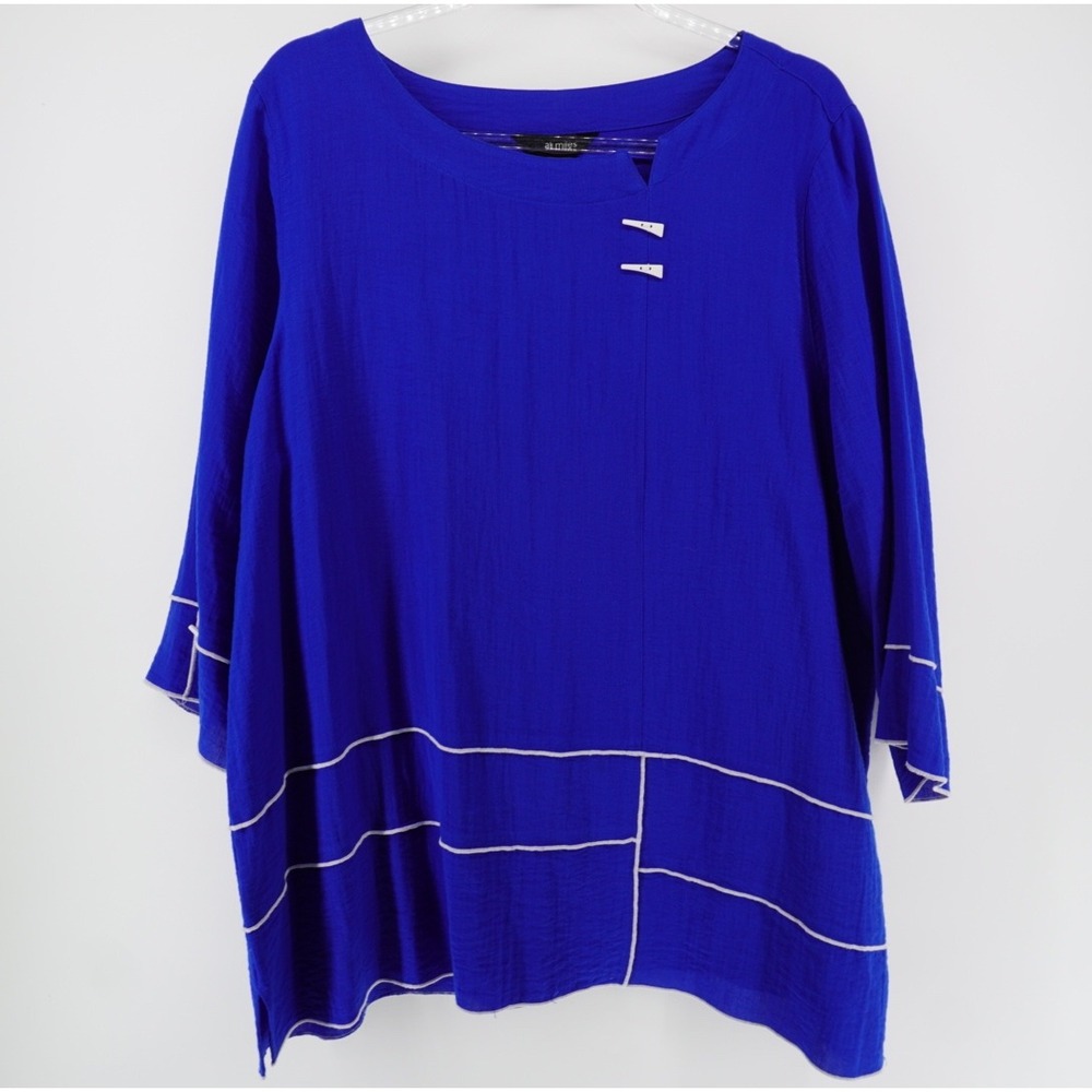 Ali Miles Royal Blue Textured 3/4 Sleeve Blouse Geometric Contrast Stitch XL